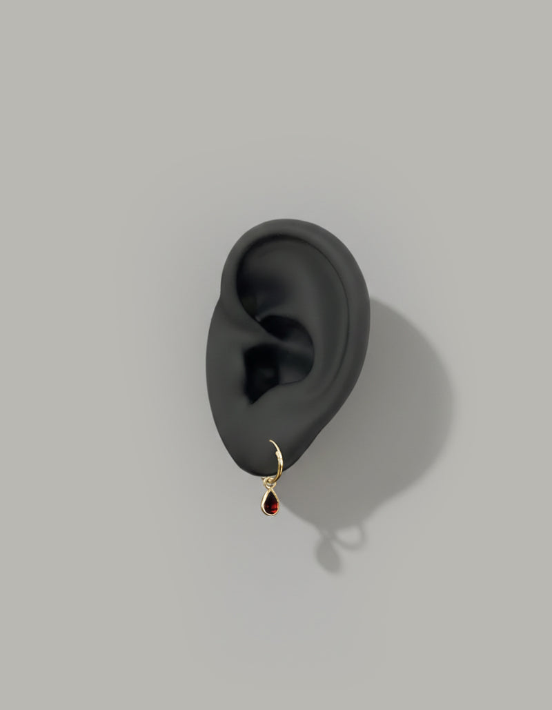 crimson solitude hoop earring | 9ct gold hoop earring with garnet drop